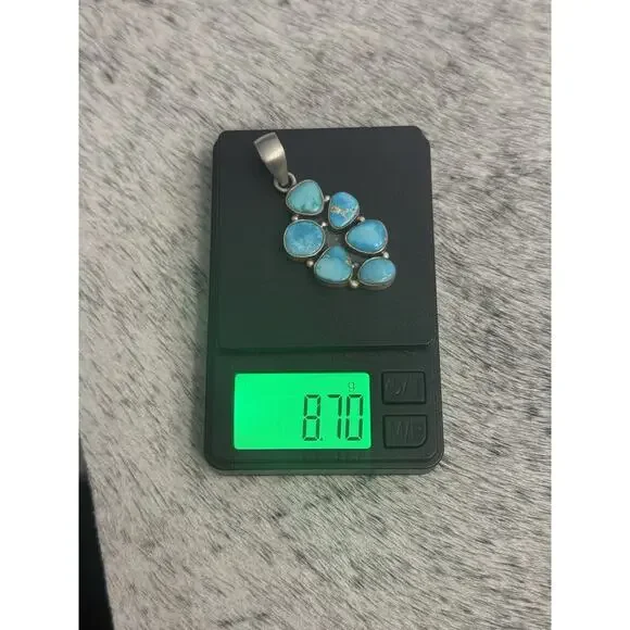 Sterling Silver 2” Blue Ridge Turquoise Multistone Cluster Pendant 6 Stone 925 - Picture 10 of 10